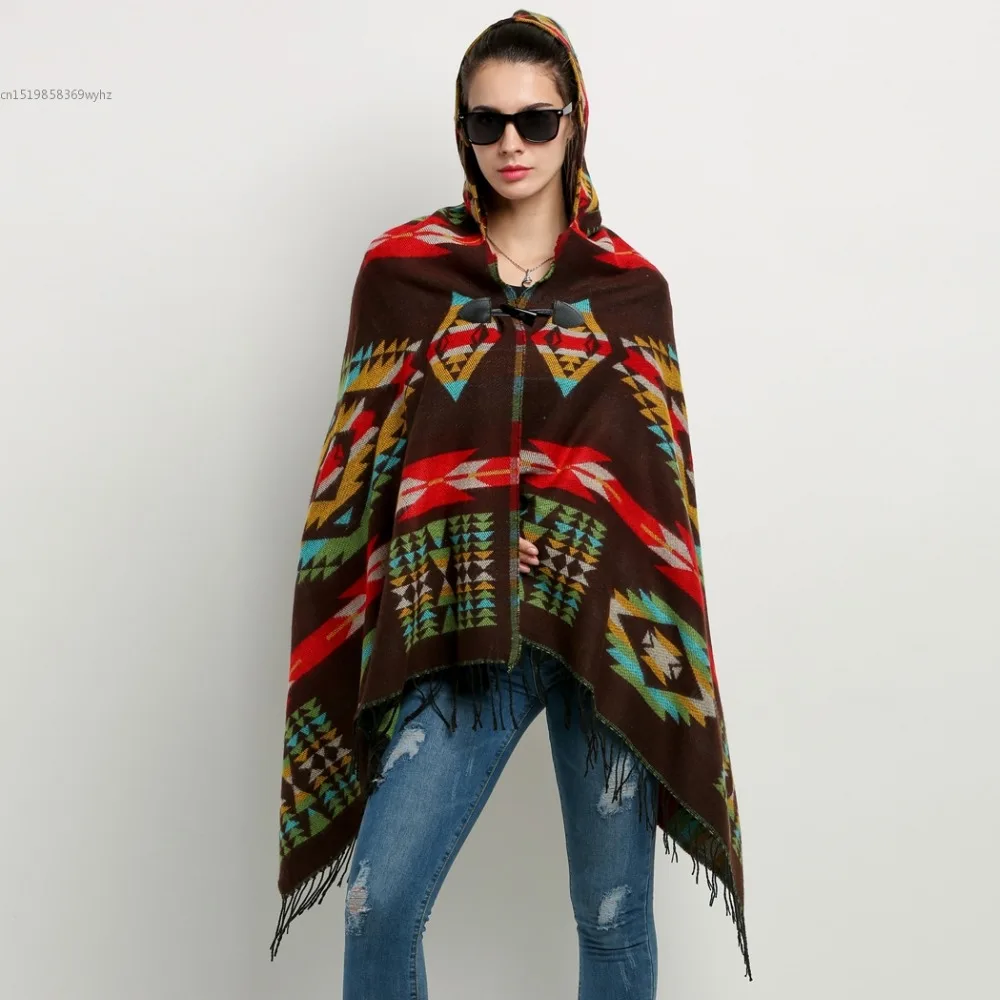 Women Wool Blend Hooded Blanket Cloak Poncho Cape Outwear Coat Shawlin