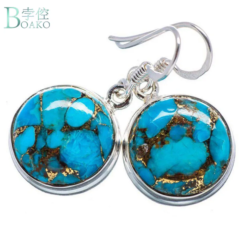 

BOAKO Women earrings retro simple round engraving natural stone blue turquoises features texture stone earrings pendientes