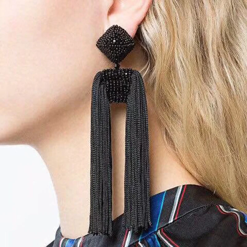 

OUMEILY Earrings Ethnic Wedding Statement Drop Dangling Earrings For Women Fashion Jewelry 2018 Black Long Fringe Earrings Color