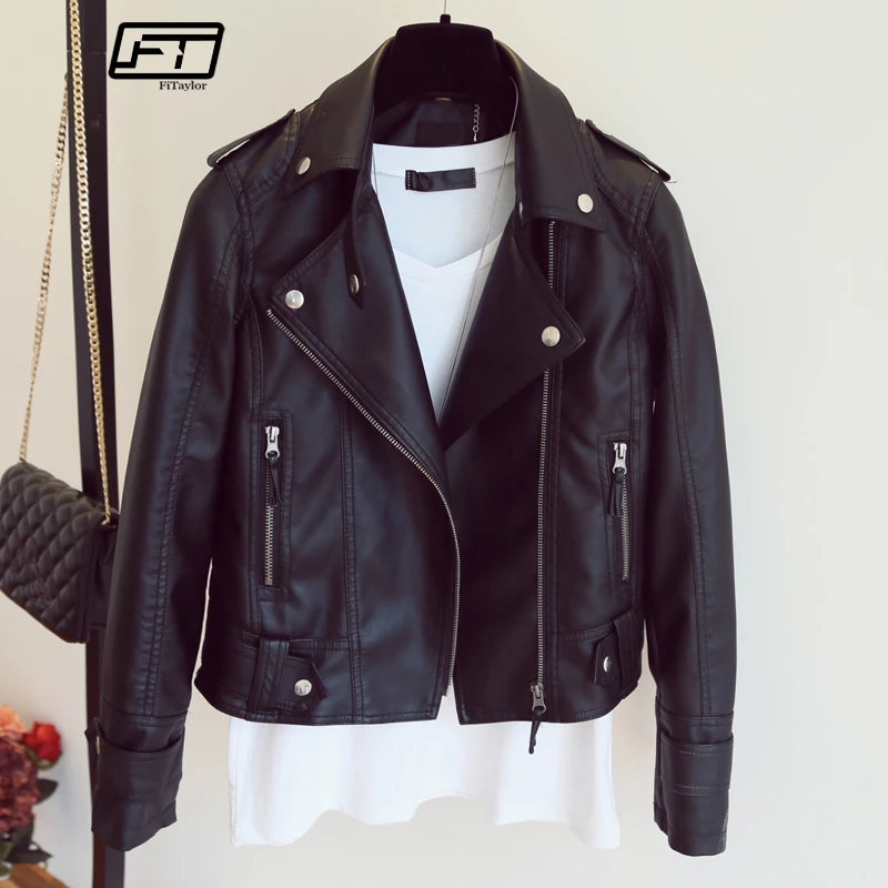 Fitaylor New Spring Autumn Women Short Faux PU Jacket Slim Fashion Punk Outwear Motorcycle Leather Jacket Casual Coat