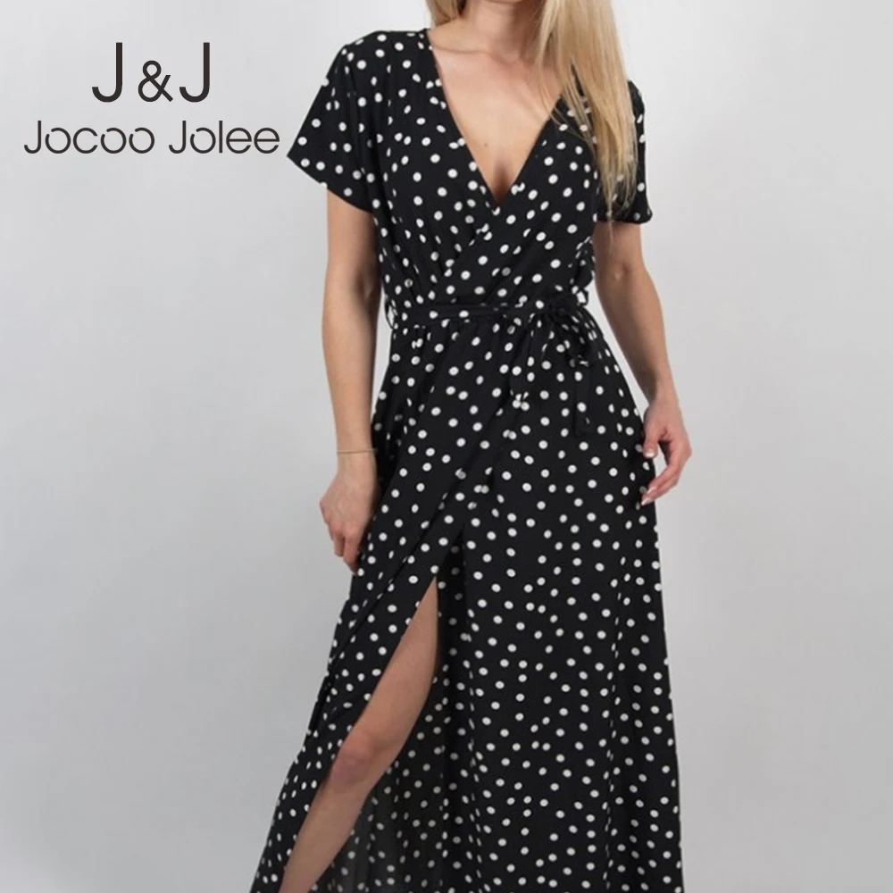 

Jocoo Jolee Summer Elegant Split Beach Party Maxi Dress Sexy Long Sleeve Dot Print Long Dress Casual Black White Red Sundress