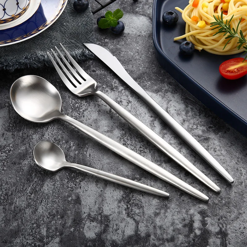

Hot Sale Matte Silver Cutlery Set Dinnerware Set Spoons Forks and Knives Gift 18/10 Stainless Steel Silverware Drop Shipping