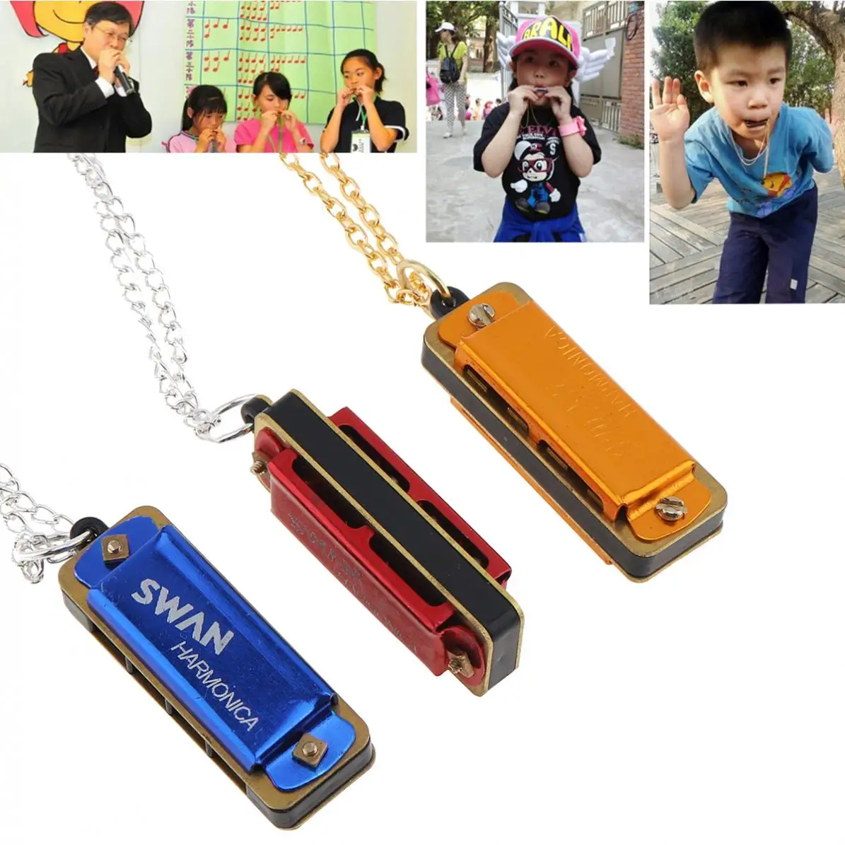 

3pcs/lot 3 color Mini Harmonica 4 Holes 8 Tones Harmonica Metal Chain Necklace Style for Children / Kids Gifts