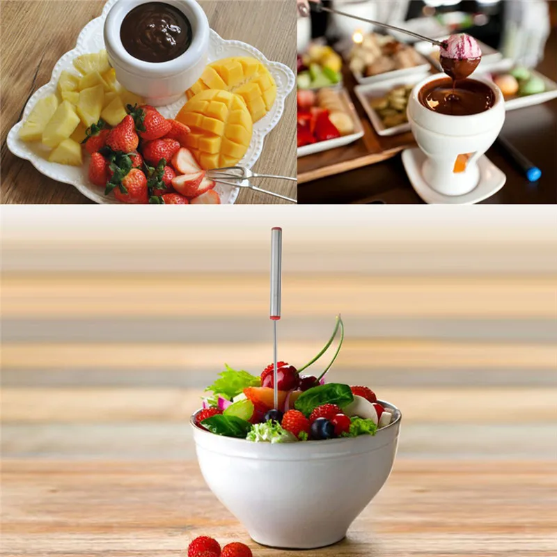 

Hot Sale Fork 6pcs/Set Stainless Steel Chocolate Fork Hot Pot Forks Cheese Fruit Dessert Fork Fondue Melting Skewer Kitchen Tool