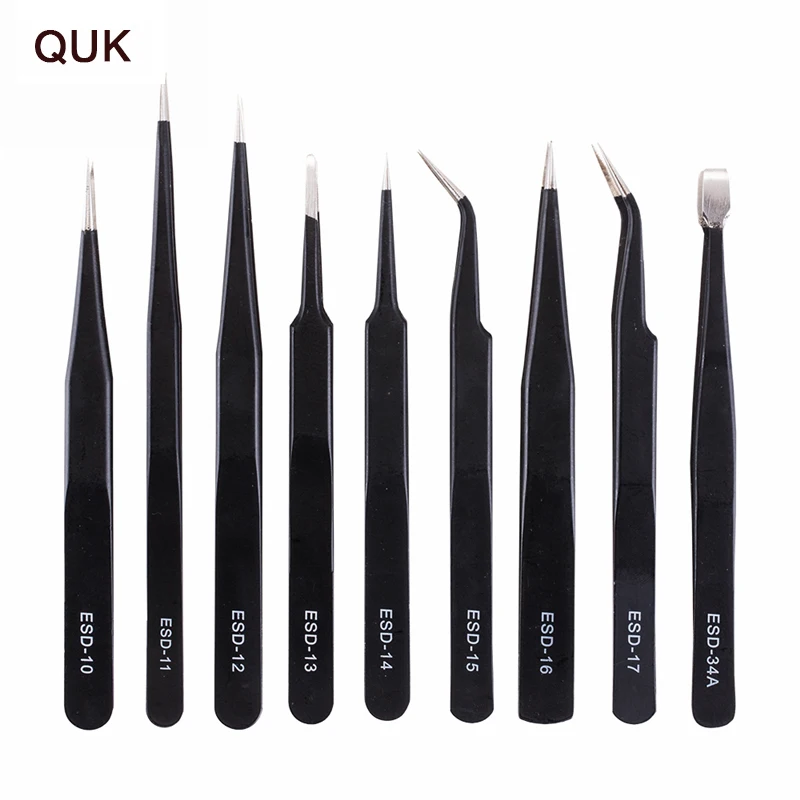 

QUK Tweezers Tools Kit 9 Pcs Precision Stainless Steel Industrial Anti-static Tweezers Set Repair Phone Clocks Watches Hand Tool
