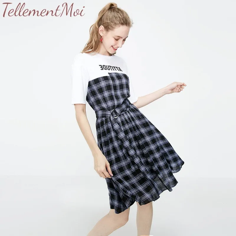 

Elegant Fake Two Piece Plaid Letter Women Dress Office Lady Sash Short Sleeve Midi Dress Female Lattice Patchwork Dresses 2019