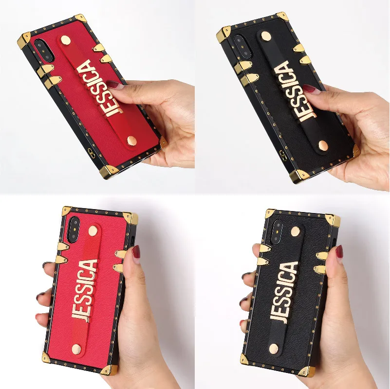 For iPhone 6 6S XS Max XR 7 7Plus 8 8Plus X Custom Leather Trunk Case Holding Strap Gold Metal Personalized Name Text Phone Case