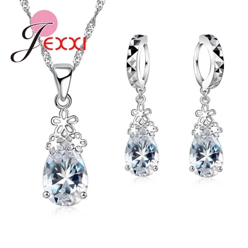 

Hot Sale Classical Water Drop Design Jewelry Sets 925 Sterling Silver Flowers Pendant Necklace Earrings For Women