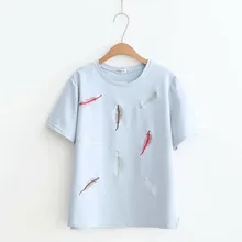 Большие размеры хлопок короткий рукав женская футболка перья вышитые футболка с О-образным вырезом Женская блузка, футболка Летняя футболка женская футболка