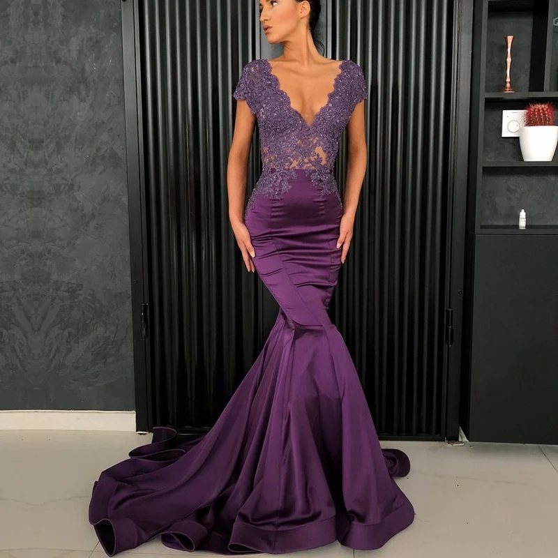 Sexy Mermaid Prom Dress 2021 V-neck Cap Sleeve Beaded Lace Nude Back Arabic Style robe soiree Long Dresses Evening Purple | Свадьбы и