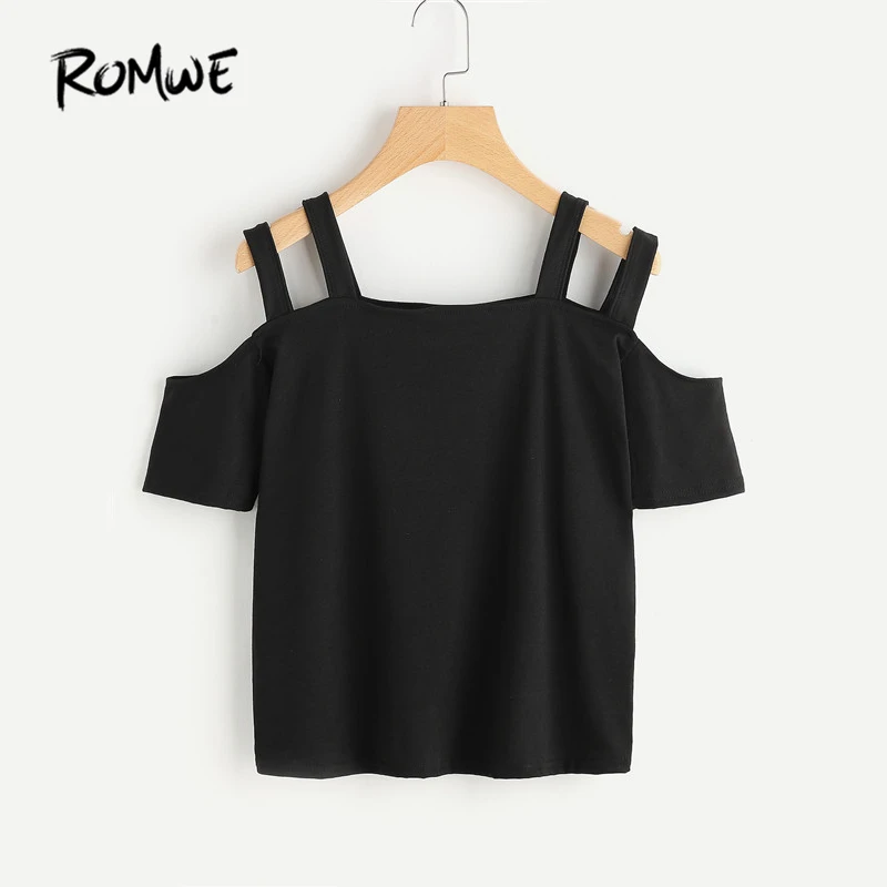 

ROMWE Open Shoulder Double Strap Tee Shirt Ladies Short Sleeve Crop Top Women Tops Summer Black Sexy T-shirt