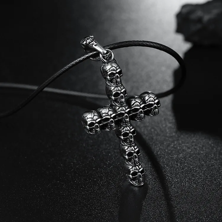 

Antique Tibetan Silver Cross Pendant Necklaces Punk Skull Titanium Jesus Cruz Necklace For Men Viking Jewelry Crucifix Male