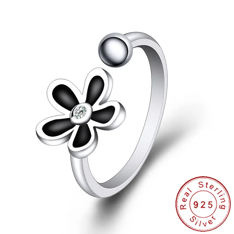 

Minimalist 925 Sterling Silver Black Flower Enamel Rings Adjustable Stackable Exquisite Daisy Floral Index Ring Primrose SR018