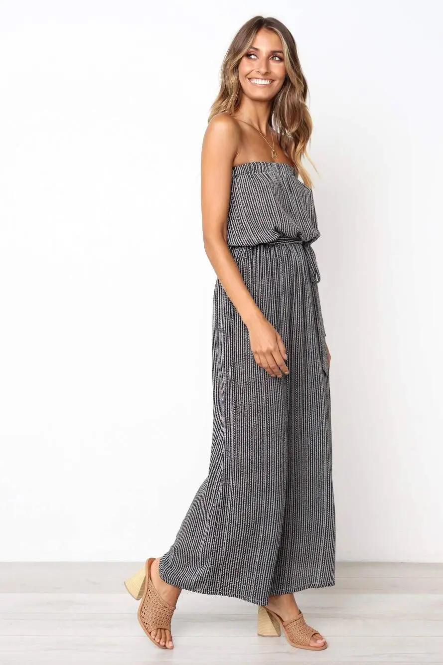 Wide Leg Overalls Fashion Women Striped Print Sleeveless Tie Up Back Long Pant Jumpsuit Wide Leg Overalls Fashion Women Striped Print Sleeveless Tie Up Back Long Pant Jumpsuit