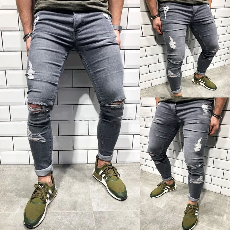Дизайнерские облегающие рваные джинсы мужские потертые джинсы с дырками на коленях потертые джинсы
