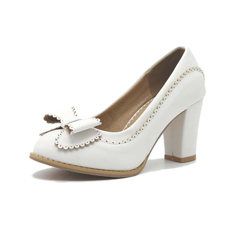 SARAIRIS/Коллекция года; женские туфли-лодочки; 5 цветов; обувь с милым бантом; винтажные вечерние туфли на высоком каблуке; обувь для свадьбы и выпускного; женская обувь; большие размеры 43 - Цвет: White with bowtie
