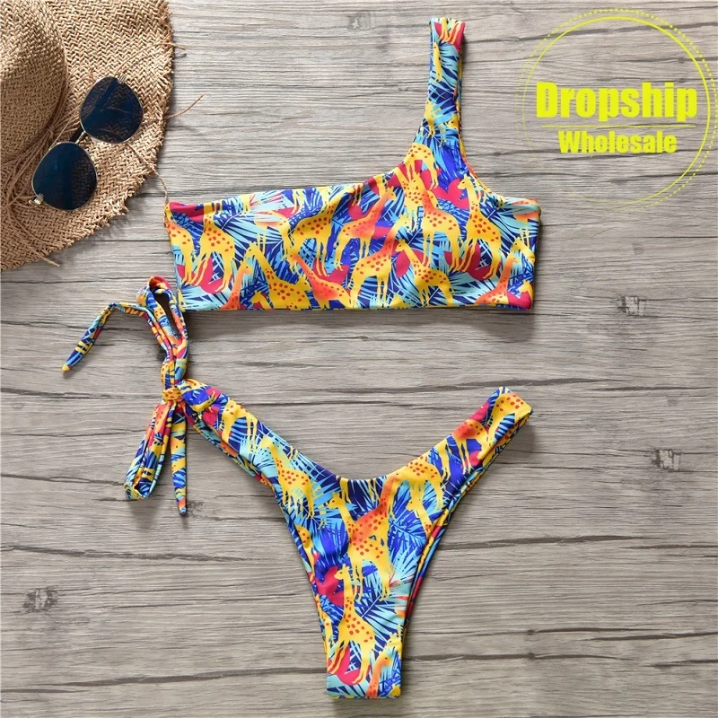 

2019 Cute Giraffe Bikini Set Women SEXY Micro Printed Bikinis One Shoulder Top Thong Bottom Summer Swimsuit Push up Swimwear