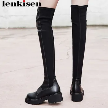 

Lenkisen cow leather stretch thigh high boots round toe large size chunky med heels slip on cow leather streetwear boots L88