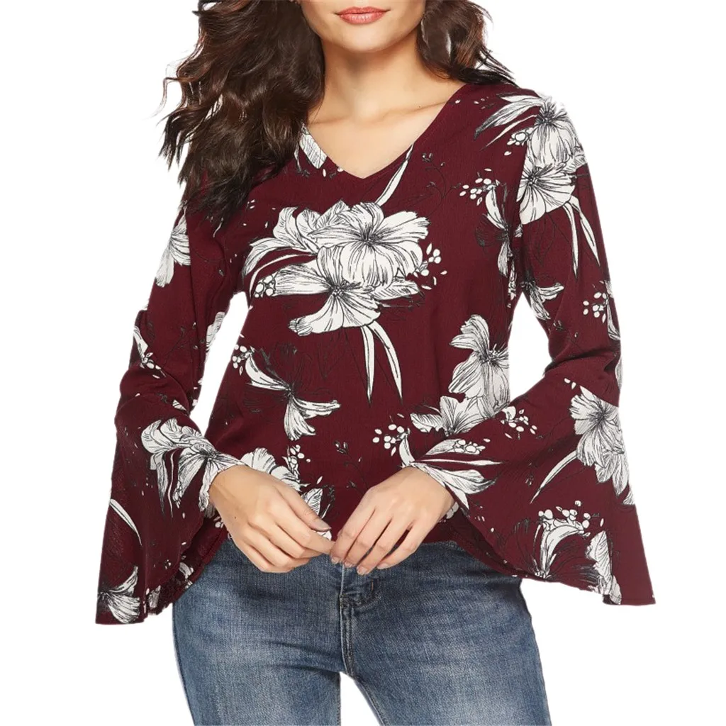 

Womens tops and blouses Long Flare Sleeve Print V-neck Button Vintage Korean style women blouses Plus Size Blusas Femininas