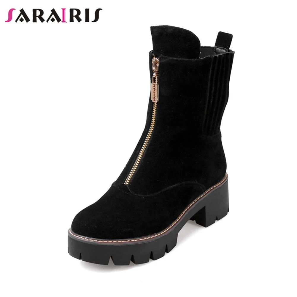 

SARAIRIS 2019 New Brand Zipper Booties Women 2019 Autumn Winter non-slip Add Fur Boots Platform Shoes Woman Wide Heels 33-42