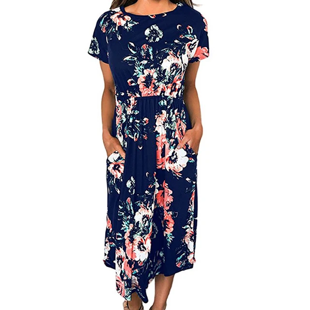 Bohemian Floral Dress 2019 Short Sleeve Flower Print Women Summer Midi ...