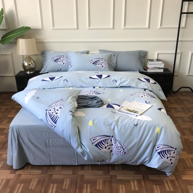 

iDouillet Simple Umbrellas Pattern 100% Cotton Bedding Set 4pcs Dorm Bedroom Duvet Cover Flat Sheet Pillowcases Queen King Size