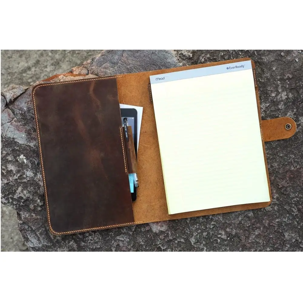 

Personalized rustic real leather business resume folder document organizer for letter size 8.5 x 11.75 top open writing pad