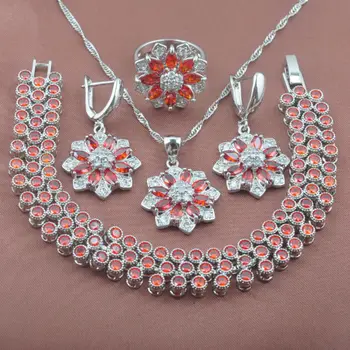 

2020 New Women's Red Zirconia Flower Design Jewelry Sets Wedding Crystal Bracelet Necklace Pendant Earrings Ring YZ0276