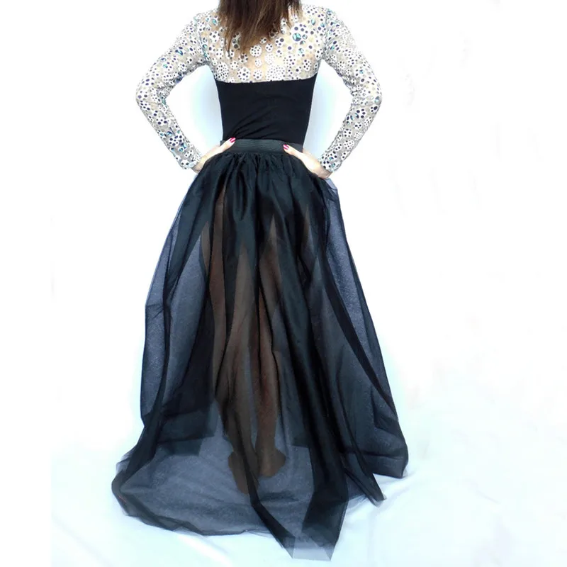 4 Layers Black Long Tutu Tulle Skirt Fashion Bride Overskirt Big Swing Floor Length Saia Longa Detachable Wedding bridesma Skirt (9)