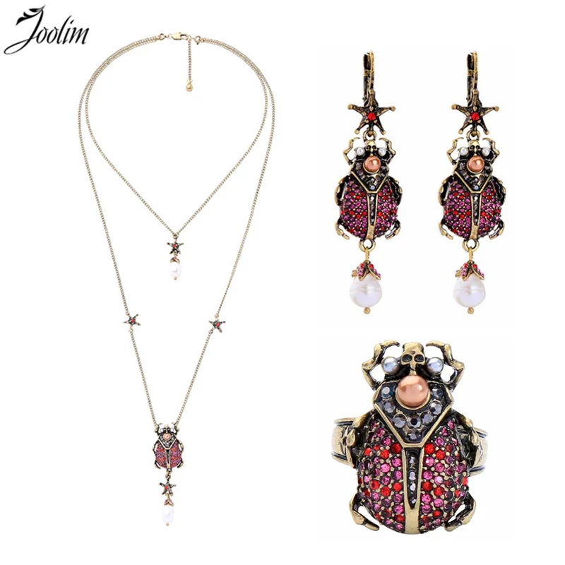 

Joolim Red Beetle Skull Drp Earring Necklace Ring Jewelry Set Statement Jewelry Wholesale