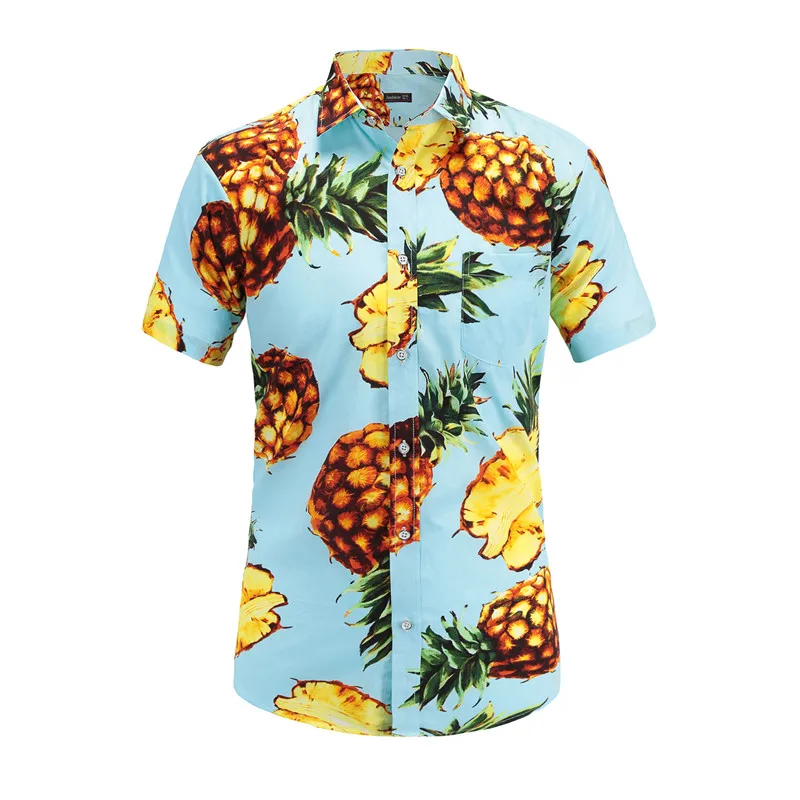 Dioufond nuevo piña limón manga corta hombres Camisas Casual para hombre impresión Top Floral 2018 de moda de verano de playa hawaiana ropa