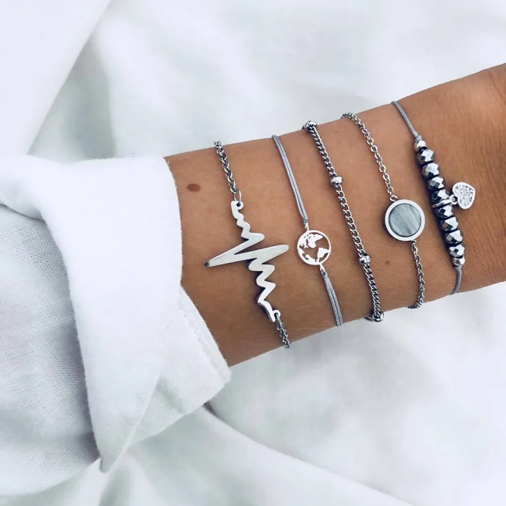 5Pc/Set Bohemia Bracelet Set Sliver Color Map Round Heart Beads Bracelets &amp Bangles Charm For Women Party Jewelry Gift | Украшения и