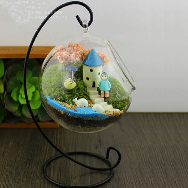 

Trendy Romantic Iron Wedding Candle Holder Candlestick Glass Ball Lantern Cabin Micro Landscape Hanging Stand P10