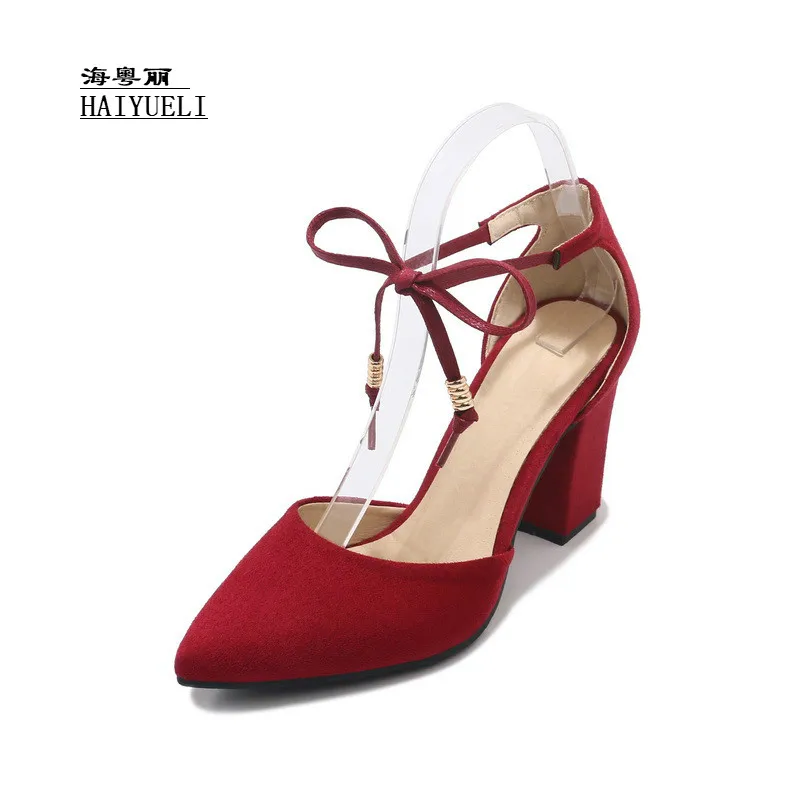 

Women Fashion Suede Point Toe Thick Mid High Heels Ankle Strap Ladies Party Dress Sandals Women High Heel Shoes