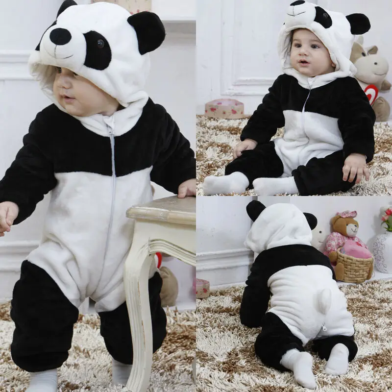 Милый комбинезон панда для маленьких девочек и мальчиков, зимний мягкий теплый комбинезон, костюм для подвижных игр с длинными рукавами, одежда с капюшоном От 0 до 3 лет детей, фланелевая одежда на молнии