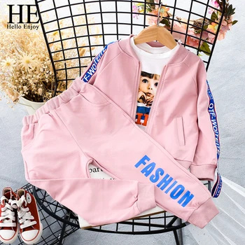 

HE Hello Enjoy Children's Clothes Girls Fall Outfits Flamingos Long Sleeve Print Letter Coat+Pant 2PCS Tracksuit Winter Clothing