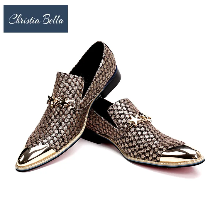 Christia Bella роскошные золотые Для мужчин Бизнес кожаную обувь джентльмен из натуральной кожи Мужские модельные туфли свадебные Лоферы