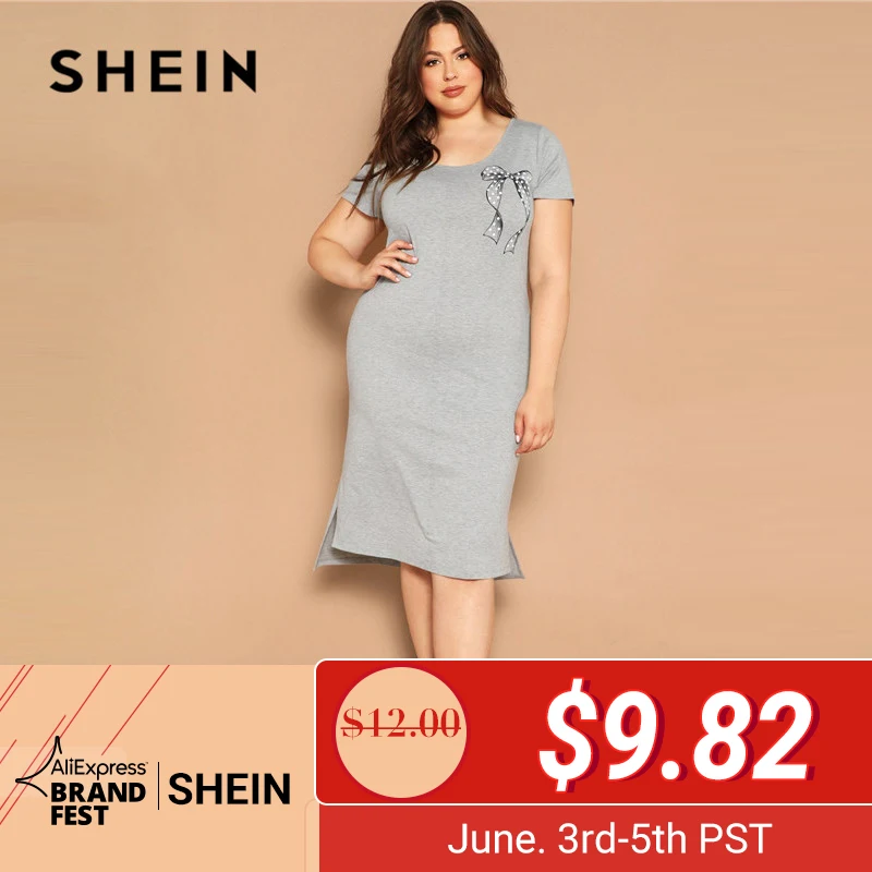 

SHEIN Plus Size Grey Dot Bow Print Slit Hem Marled Night Dresses Women Summer Casual Split Scoop Neck Big Size Sleepwear Dress