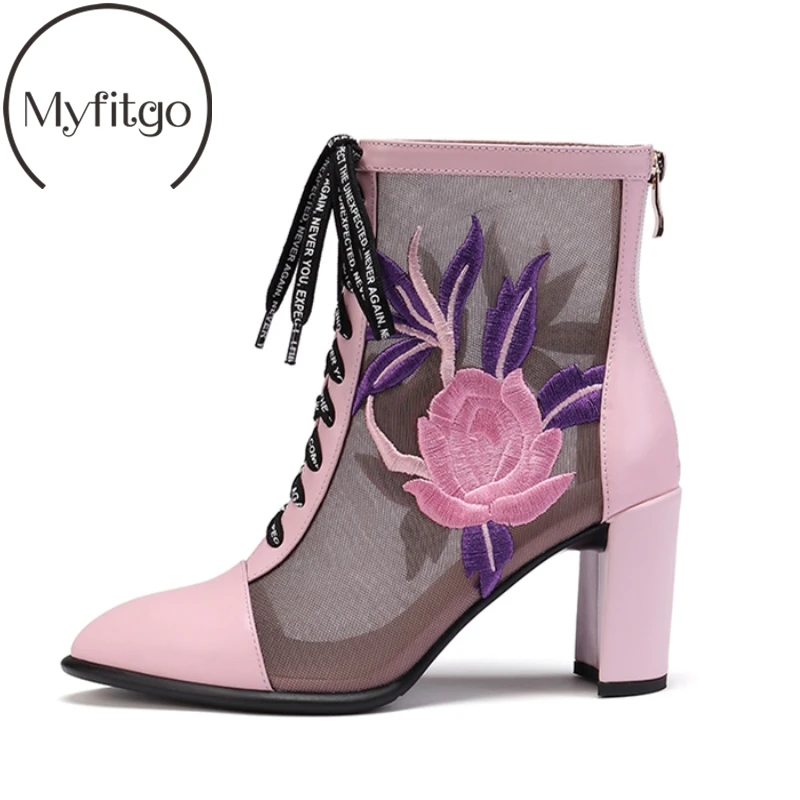 

Myfitgo Air Mesh Boots Point Toe Booties Zip Thick Heel Embroidery Boots Ladies Dress Shoes Gladiator Mujer Botas Female Shoes