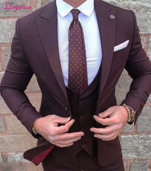 

Linyixun New Style Burgundy Groom Wear Tuxedos Wedding Suits Groomsmen Best Man (Jacket+Pants+vest) Formal Business Suit for Men