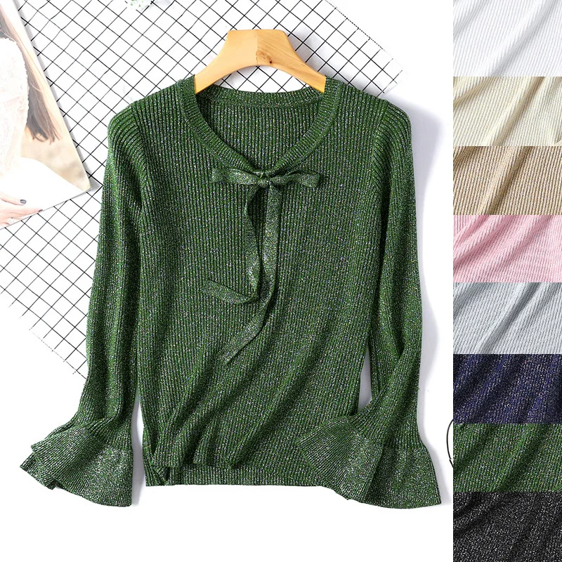 Shiny women wool sweater knitted pullovers bow striped long sleeve flare basic tops elegent cute loose casual female sweater