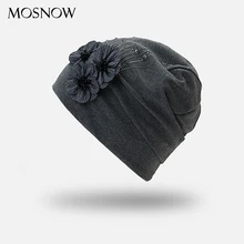 Осень, для женщин шапочки капот с Стразы Шапки три кепки с цветами вязаный хлопковый Для женщин теплые шапочки без полей; сапоги высотой выше колена головные уборы Skullies