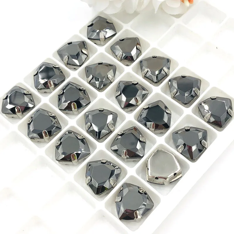  12mm Fat Triangle Metallic black High quality Glass Crystal sew on rhinestones sliver base with hol - 32883846641