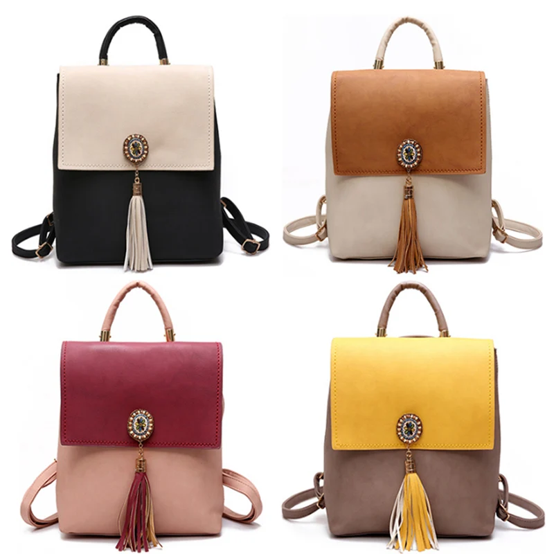 Women Backpack Tassel PU Leather Panelled Female Travel Backpacks Fashion Girl School Bag Mini Design Lady Daily Mochila BP0193 (17)