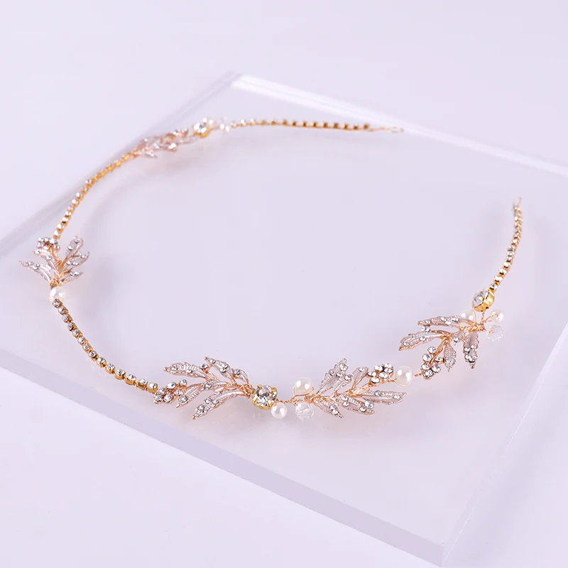 

1PCS Vintage Gold Color Hair Bands Pearl Leaf Wedding Hair Accessories Bridal Rhinestone Hair Bands Princess Headband Taira