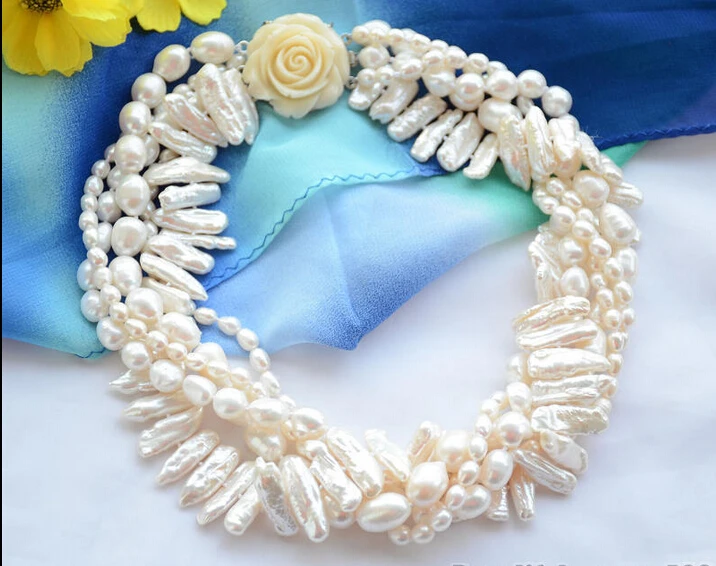 

Free shipping >>>>>Z6449 5strands white rice baroque biwa freshwater pearl necklace 18inch