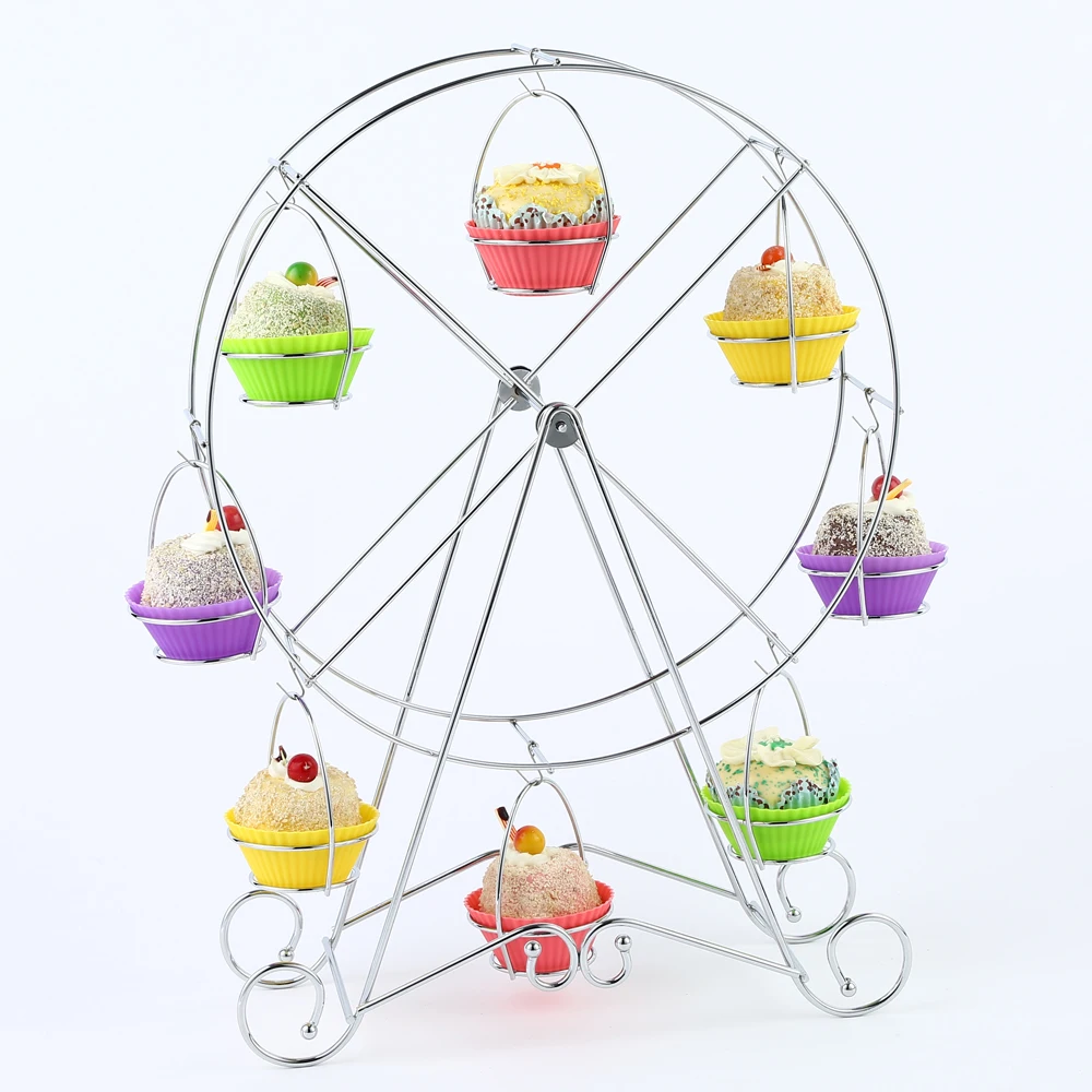 8 Cup Metal Rotating Ferris Wheel Cupcake Dessert Stand Holder Chrome