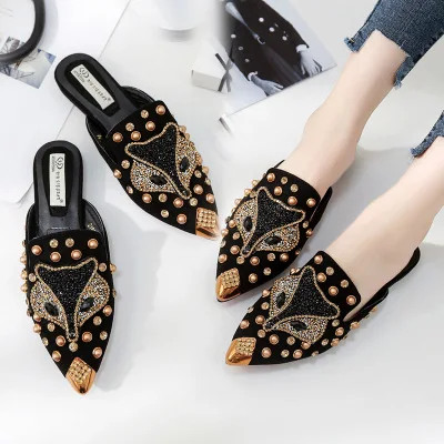 

Spring Summer Women Rivet Flat Slippers Flock Women Slides Fringe Ladies Shoes 2019 Autumn Women Crystal Fox Mules Size 35-40