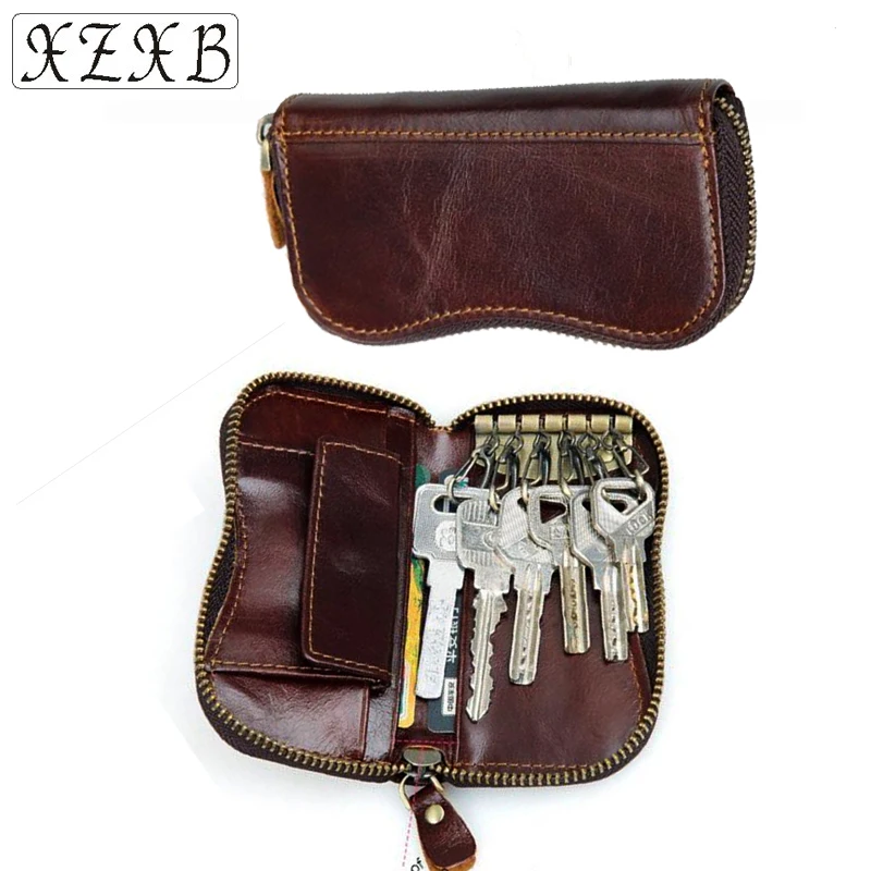 Hot Sell Male Brown Genuine Leather Keychain Covers Wallet Men Zipper