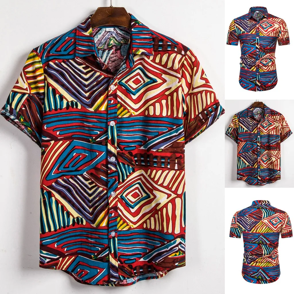 Модная гавайская рубашка, Мужская Этническая блуза с коротким рукавом, Повседневная хлопковая льняная гавайская рубашка с принтом, блузка chemise homme